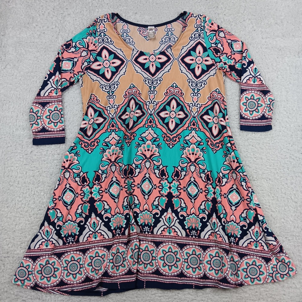 Honeyme Tunic Dress Women S Multi Medallion Print 3/4 Sleeve A-Line Boho